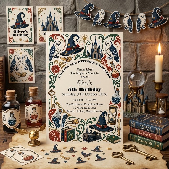 Invitación Libro de Historias de Brujas y Hechiceros Cumpleañ (Wizard & Witches Story Book Magic Vintage Birthday Invitation)