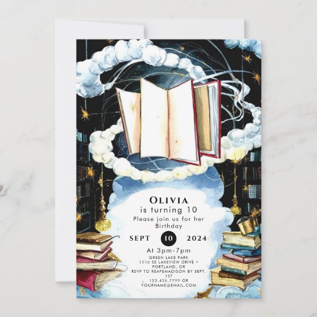 Invitación Libro de historias de una simple biblioteca Cumple (Anverso)