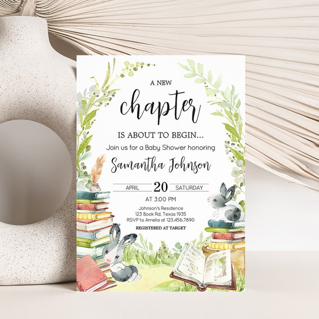 Invitación Libro de historias Nuevo capítulo Baby Shower (Vintage Storybook Rabbit Baby Shower Invitation)