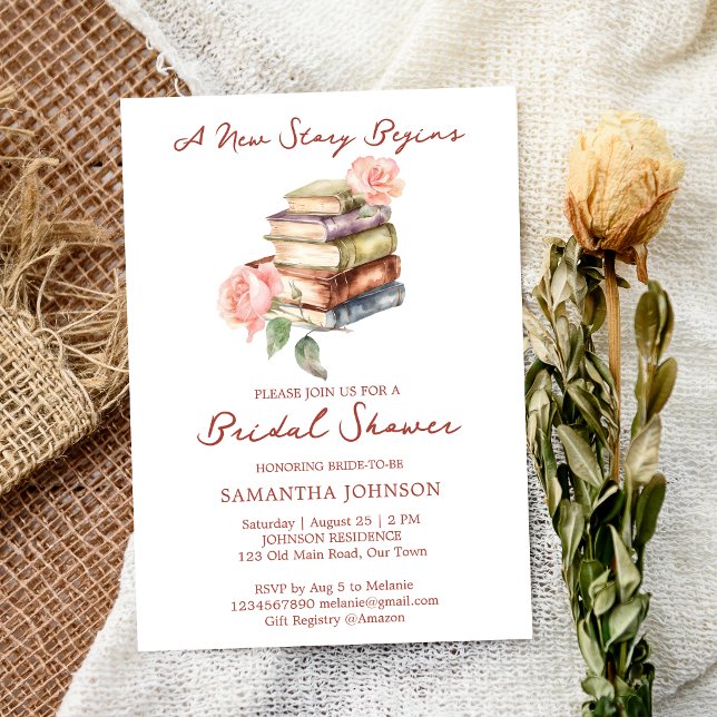 Invitación Libro de historias nuevo capítulo ducha de novia (Story book new chapter books library themed bridal shower invitation editable template download)