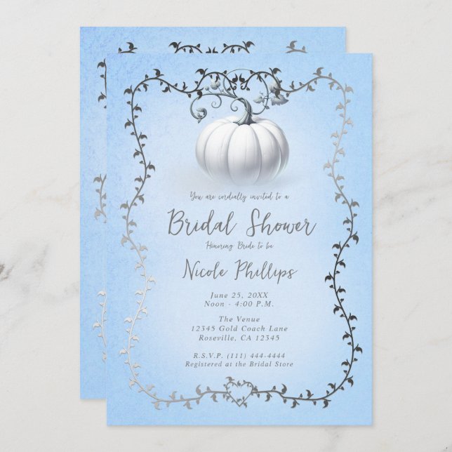 Invitación Libro de historias plateado y azul Brimpkin blanco (Anverso / Reverso)