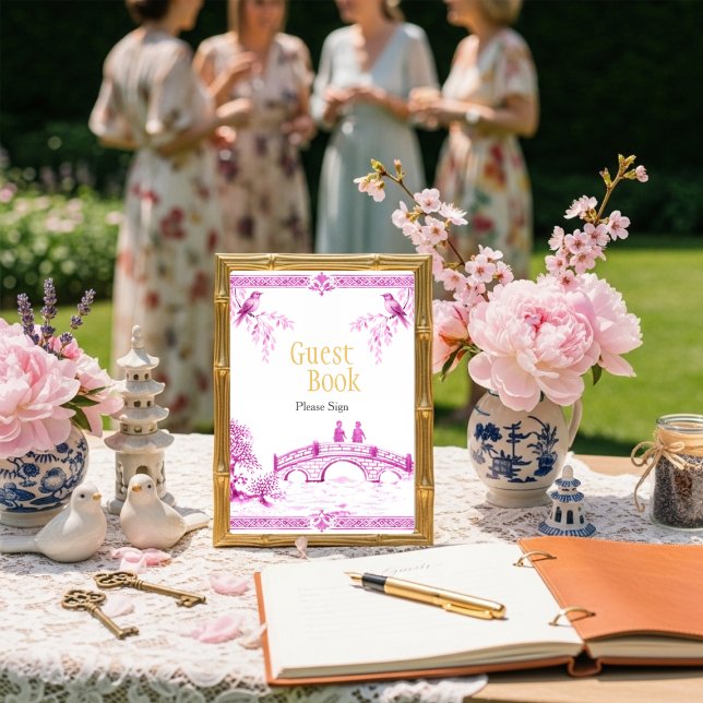 Invitación Libro de invitados rosa estilo chinoiserie Letrero (Chinoiserie Pink Guest Book Bridal shower Sign)