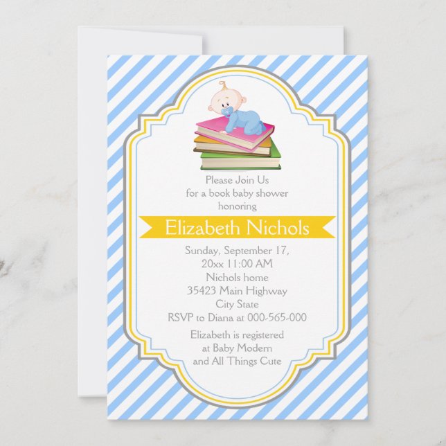 Invitación Libro de la ducha de bebé azul, patrón de rayas bl (Anverso)