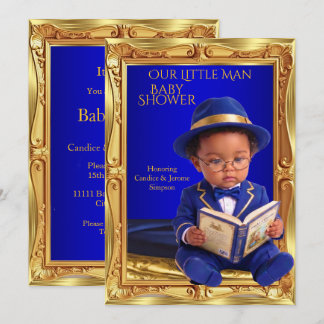 Invitación Libro dorado azul de ducha de bebé hombre étnico l