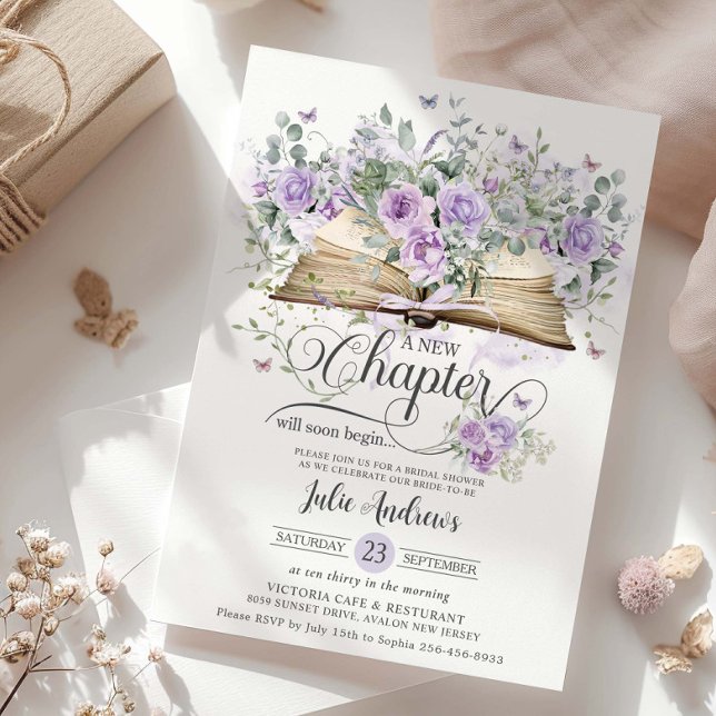 Invitación Libro Floral Purple Lilac Nuevo capítulo Ducha de  (purple-lilac-floral-butterflies-vintage-book-a-new-chapter-will-soon-begin-bridal-shower-invitation)