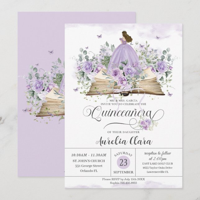 Invitación Libro Floral Purple Lilac Nuevo Capítulo Quinceañe (Anverso / Reverso)