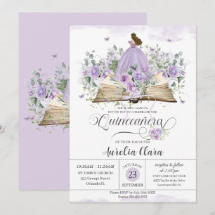Invitación Libro Floral Purple Lilac Nuevo Capítulo Quinceañe