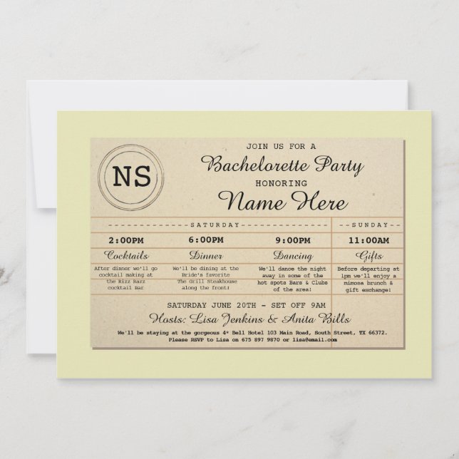 Invitación Libro itinerario de la biblioteca de Bachelorette (Anverso)