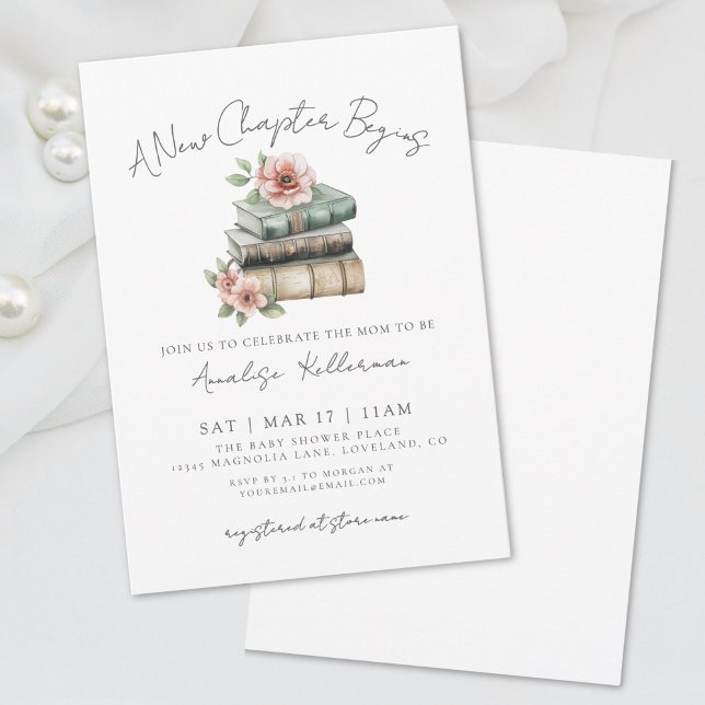 Invitación Libro Nuevo Capítulo Ducha de Bebé Floral (Book New Chapter Floral Baby Shower Invitation)