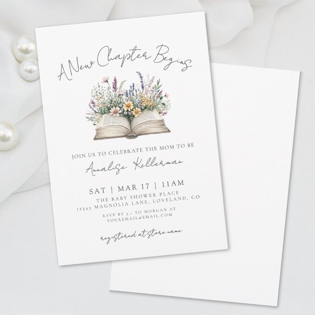 Invitación Libro Nuevo Capítulo Fiesta de Bebé Wildflower (Book New Chapter Wildflower Baby Shower Invitation)