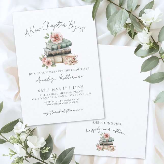 Invitación Libro Nuevo Capítulo Lluvia de Flores Nupciales (Book New Chapter Floral Bridal Shower Invitation)