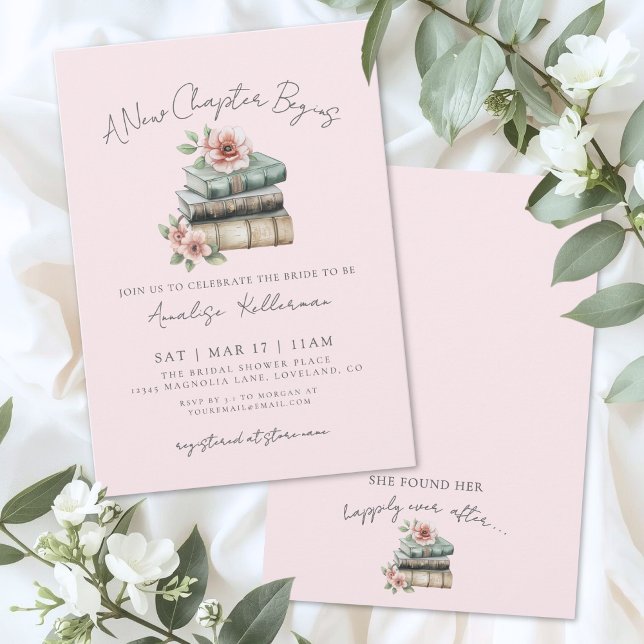 Invitación Libro Nuevo Capítulo Lluvia de Flores Nupciales (Book New Chapter Floral Bridal Shower Invitation)