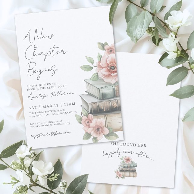 Invitación Libro Nuevo Capítulo Lluvia de Flores Nupciales (Book New Chapter Floral Bridal Shower Invitation)