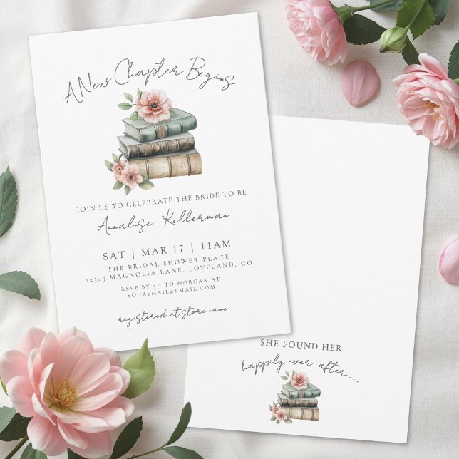 Invitación Libro Nuevo Capítulo Lluvia de Flores Nupciales (Book New Chapter Floral Bridal Shower Invitation)