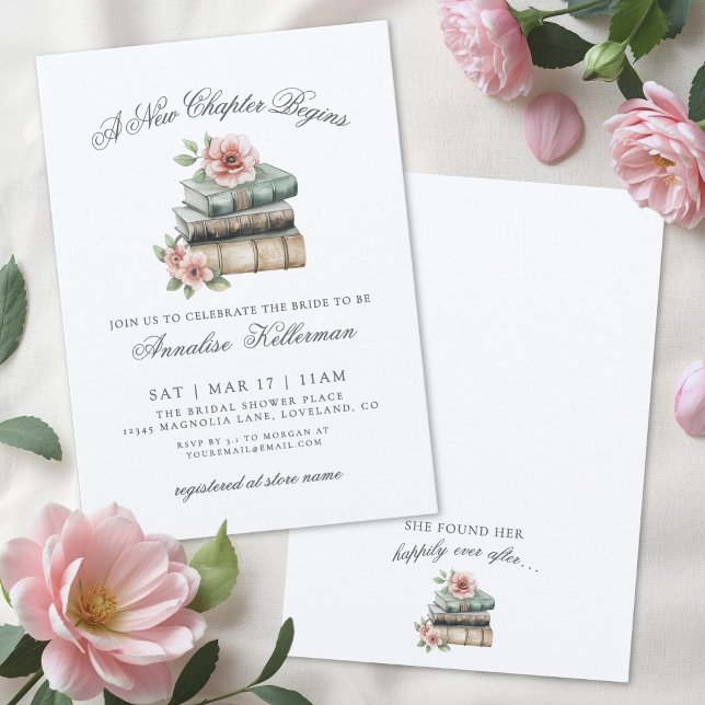 Invitación Libro Nuevo Capítulo Lluvia de Flores Nupciales (Book New Chapter Floral Bridal Shower Invitation)