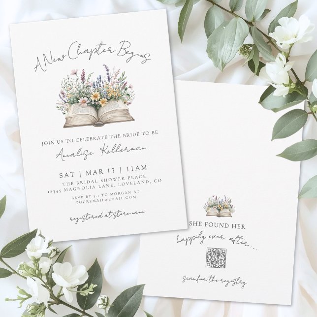 Invitación Libro Nuevo Capítulo Lluvia de Flores Nupciales (Book New Chapter Floral Bridal Shower Invitation)