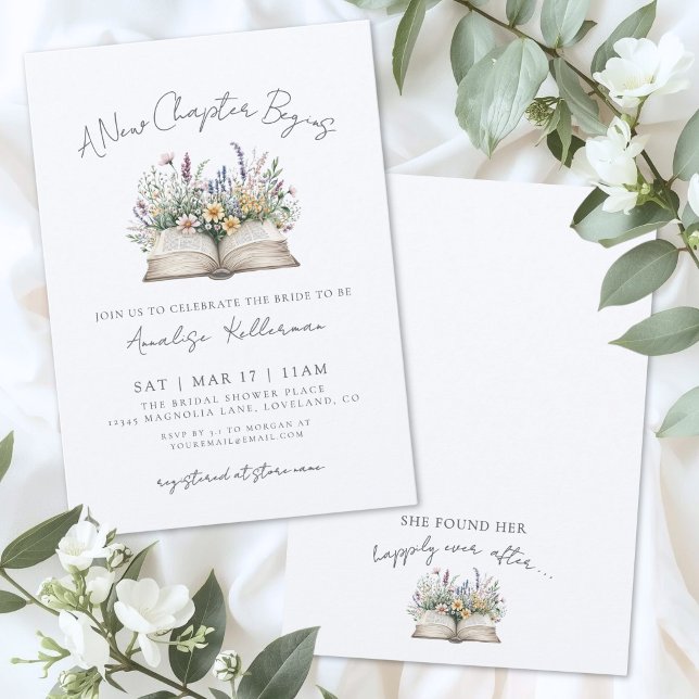 Invitación Libro Nuevo Capítulo Taller de Novia Wildflower (Book New Chapter Wildflower Bridal Shower Invitation)