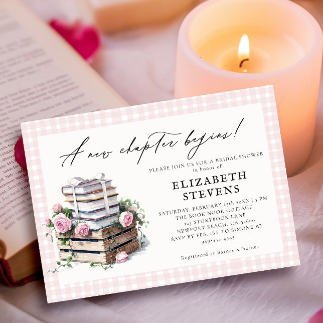 Invitación Libro Tema Bridal Shower Rústicos Rosas Nuevo capí (book theme bridal shower invitation book lover bookish rustic roses gingham pink watercolor)