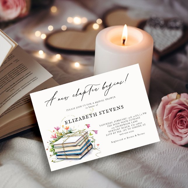 Invitación Libro Temático Ducha de novia Flores salvajes Nuev (book themed bridal shower invitation book lover bookish wildflowers floral calligraphy elegant chic)