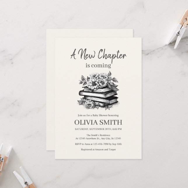 Invitación Libros Antiguos Con Flores, Blanco y Negro (Anverso/Reverso In Situ)