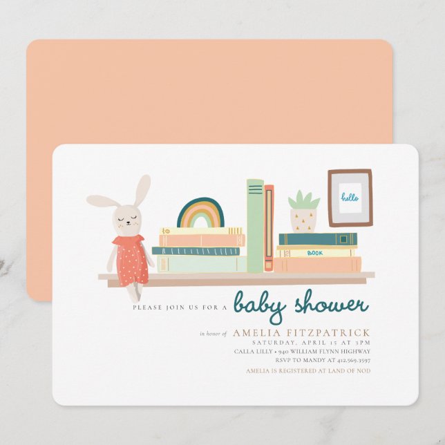 Invitación Libros azules y Naranjas para Baby Shower (Anverso / Reverso)