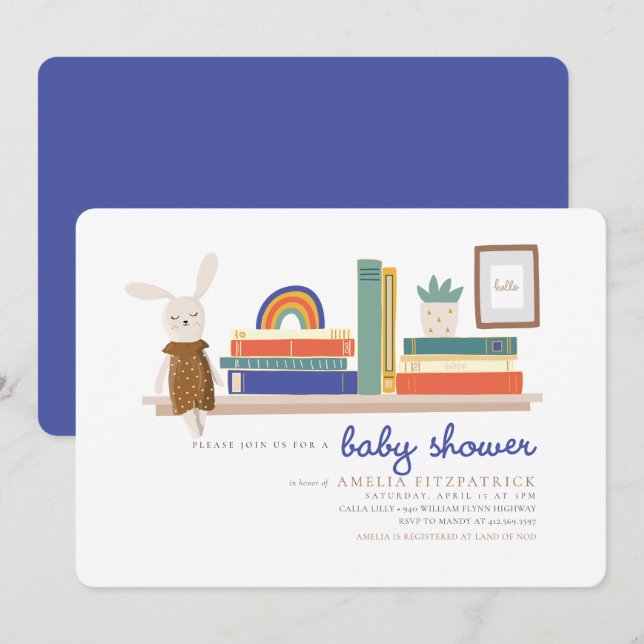 Invitación Libros azules y Naranjas para Baby Shower (Anverso / Reverso)