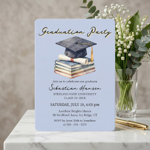 Invitación Libros de Acuarela Azul Claro Gorra Fiesta de Grad
