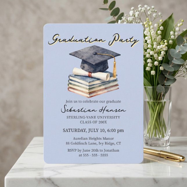 Invitación Libros de Acuarela Azul Claro Gorra Fiesta de Grad (Subido por el creador)
