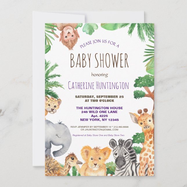Invitación Libros de Baby Shower de animales salvajes para be (Anverso)