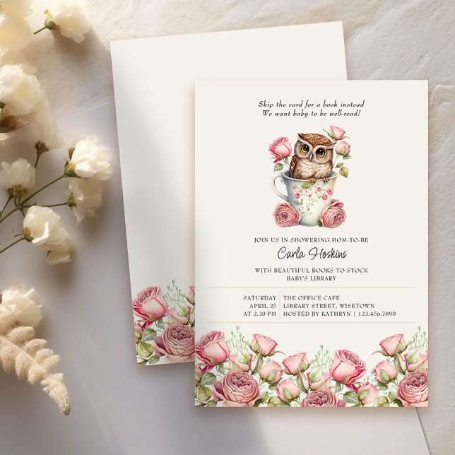 Invitación Libros de búho y Rosas para Baby Shower (Baby Shower invitation asking for books ideal for book lovers, office baby showers, baby sprinkles
)