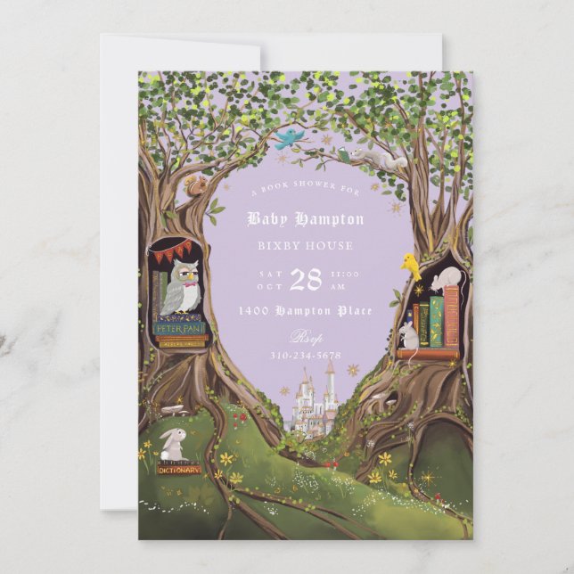 Invitación Libros de fantasía para Baby Shower Lavender (Anverso)