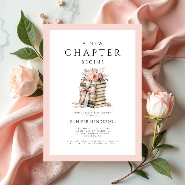 Invitación Libros de Lazo Rosa Un Nuevo Capítulo Comienza Bab (Pink Bow Books A New Chapter Begins Baby Shower Invitation)