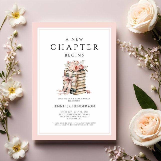 Invitación Libros de lazo rosa Un nuevo capítulo comienza Fie (Pink Bow Books A New Chapter Begins Baby Shower Invitation)