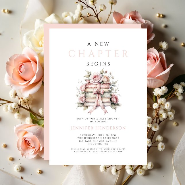 Invitación Libros de lazo rosa Un nuevo capítulo comienza Fie (Pink Bow Books A New Chapter Begins Baby Shower Invitation)