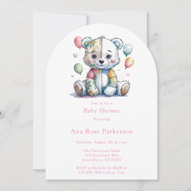 Invitación Libros de niña de patchwork cosido para bebé oso d (Anverso)