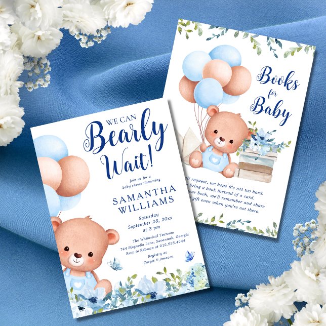Invitación Libros de oso de peluche de Blue Boy presupuestado (This baby shower invitation features a cut teddy bear and blue balloons surrounded by wildflowers.)