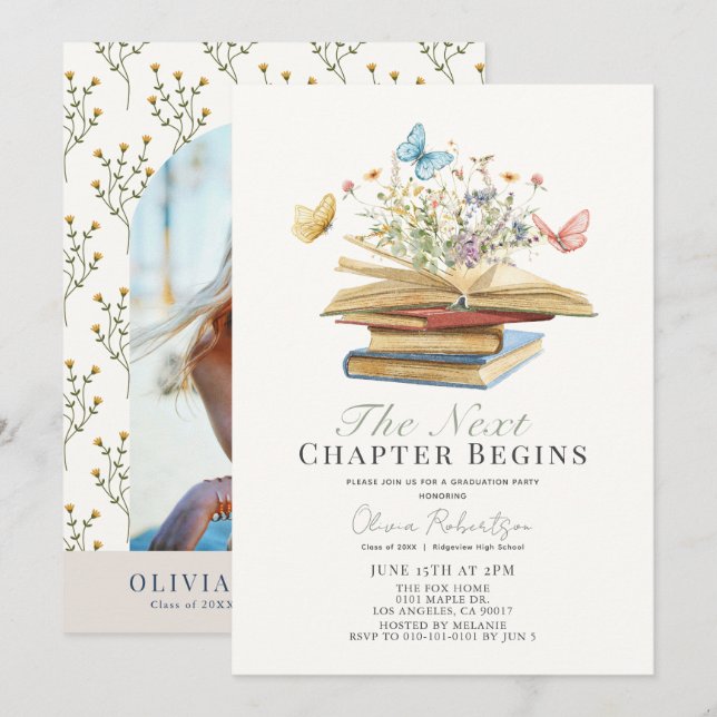 Invitación Libros del próximo capítulo y mariposas Foto Gradu (Anverso / Reverso)