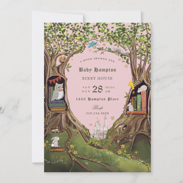 Invitación Libros fantásticos para Baby Shower Pink Green (Anverso)