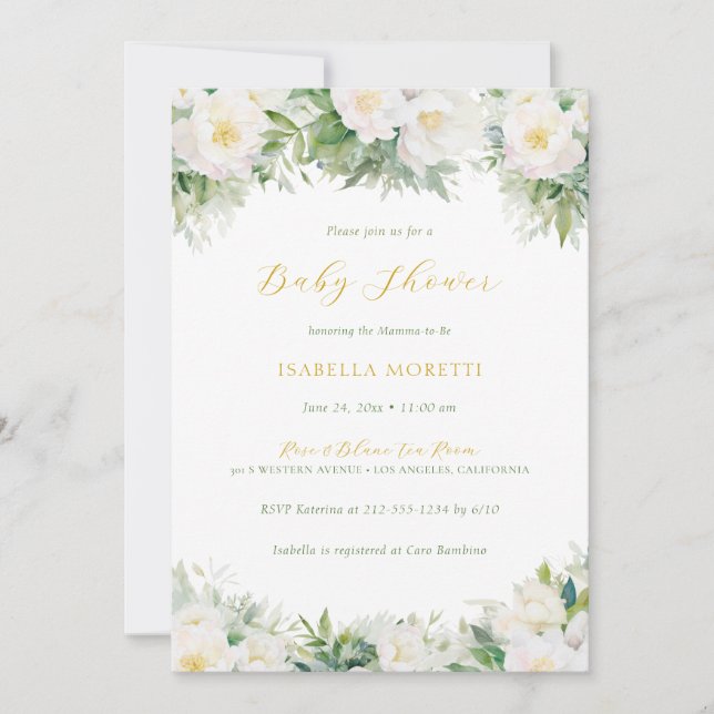 Invitación Libros florales blancos y dorados para Baby Baby S (Anverso)
