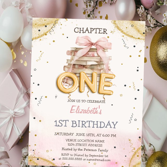 Invitación Libros Lazo Confeti Acuarela 1er Cumpleaños  (Subido por el creador)