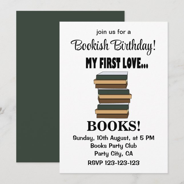 Invitación Libros Mi Primer Amor Libros Cumpleaños Biblioteco (Anverso / Reverso)