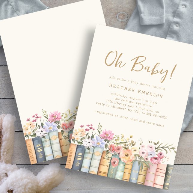 Invitación Libros Oh Nena (Floral Books Oh Baby Bridal Shower Invitation by Painted Paperie
)