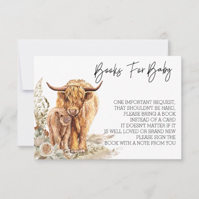 Invitación Libros para Baby Shower Highland Cow Boho (Anverso)