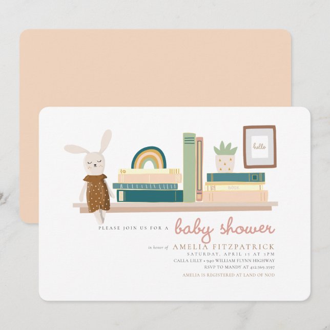 Invitación Libros rosas y de menta para Baby Shower (Anverso / Reverso)
