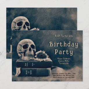 Invitación Libros vintage de cráneo gótico Macabre RIP a sus 