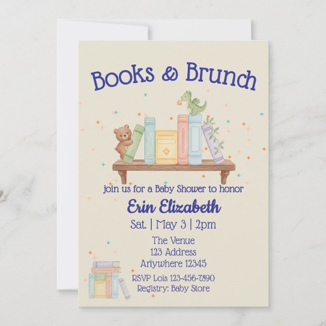 Invitación Libros y Brunch Baby Shower Azul (Anverso)