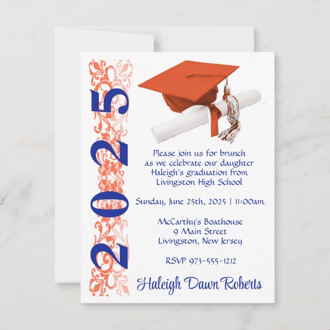 Invitación Licenciado en Cap & Diploma, Naranja y Royal Blue (Anverso)
