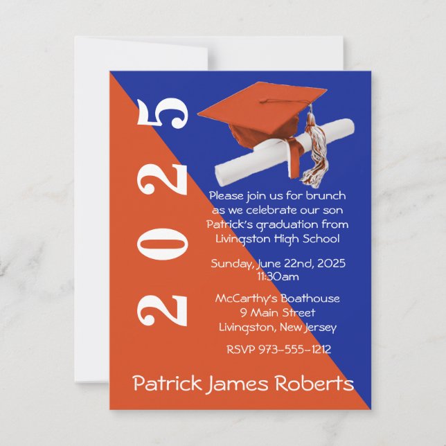 Invitación Licenciado en Cap & Diploma, Naranja y Royal Blue (Anverso)