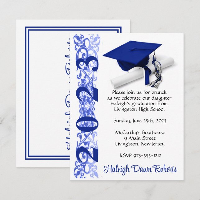 Invitación Licenciado en Capa y Diploma, Royal Blue & White (Anverso / Reverso)