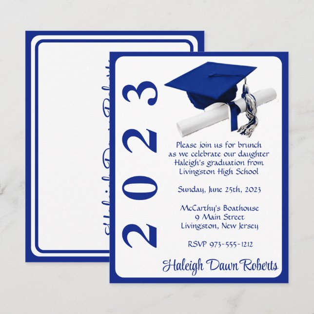 Invitación Licenciado en Capa y Diploma, Royal Blue & White (Anverso / Reverso)